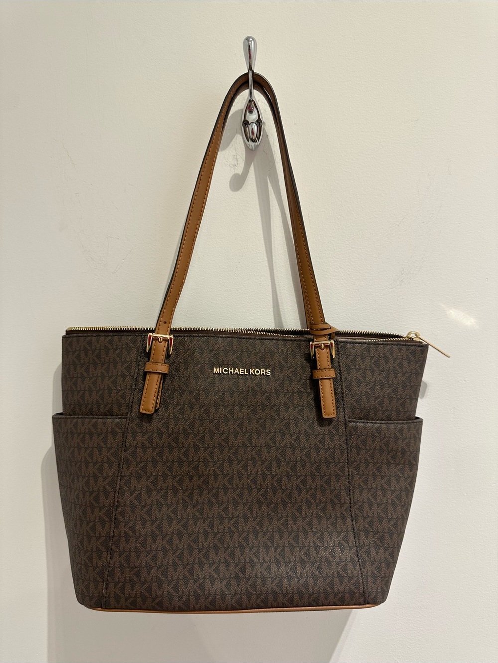Michael Kors Dark Brown MK Monogram Tote with Tan Straps
